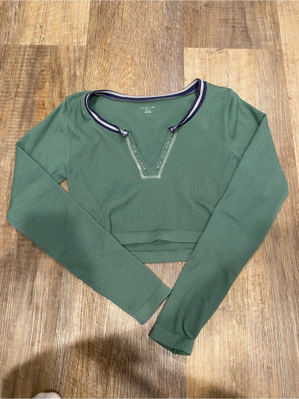 Urban Outfitters Forest Green Ribbed Long Sleeve Crop Top with Contrast Trim